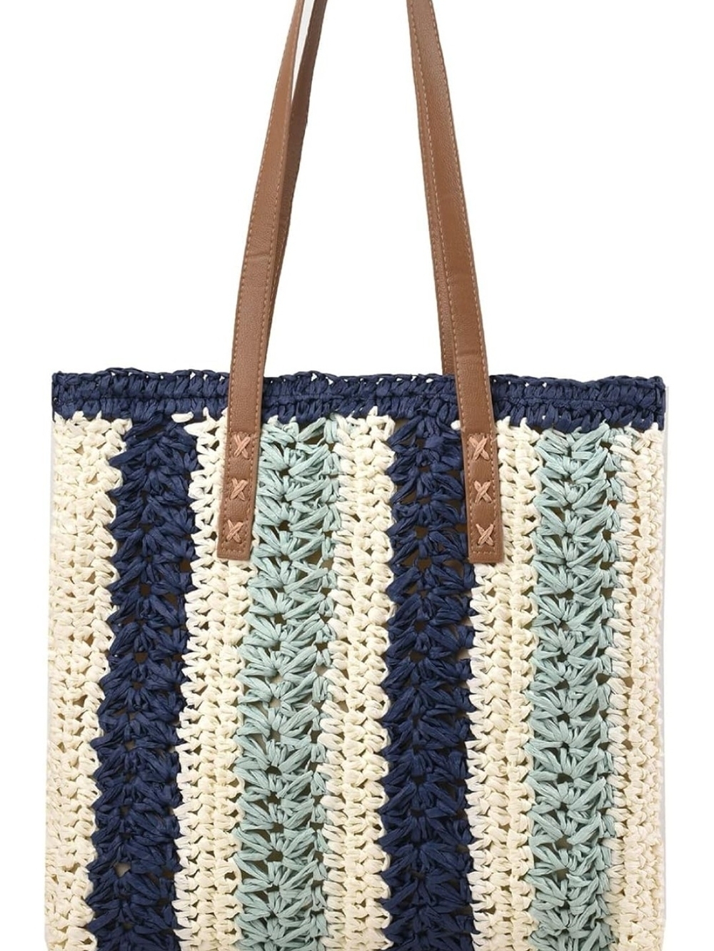 Striped Crochet Tote Bag with Leather Handles - Navy, Cream & Sage